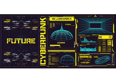 Cyberpunk retro futuristic poster set abstract cosmic shapes.FUI analysis bar cyber dashboard digital hud illustration interface