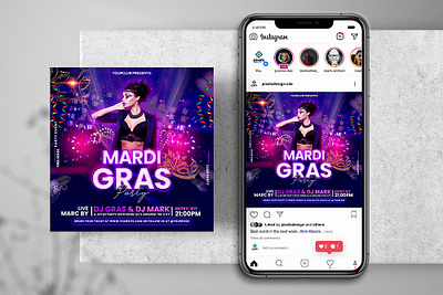 Mardi Gras Party Events Instagram PSD Templates banner carnival flyer instagram mardi gras mardi gras flyer psd psd template