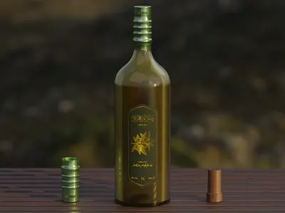 Olive oil bottle with green and gold labels in nature 3d arabic blender branding design drink eevee gold graphic design green illustration label light logo mockup nature oil olive product texture