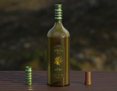 Olive oil bottle with green and gold labels in nature 3d arabic blender branding design drink eevee gold graphic design green illustration label light logo mockup nature oil olive product texture