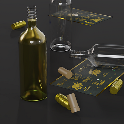 Olive oil bottle 3d rendering illustration 3d blender bottle branding cycles design drink eevee glass gold green illustration label logo metal mockup oil olive render ui