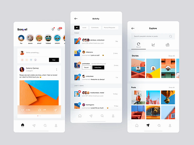Sosyel - Social Media App Interaction activity animation app clean colorful design concept feed interaction management minimals mobile mobile app motion graphics notification post prototype stories trend ui ux design