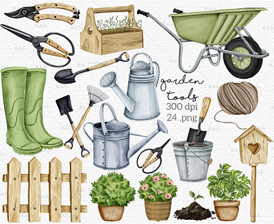 Set Of Illustrations of Gardening Tools digital clipart digital illustration digital watercolor illustration garden garden clipart garden illustration garden supplies gardening tools gardening tools clipart illustration png watercolor clipart watercolor gardening supplies watercolor graphics