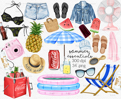 Set Of Digital Illustrations of Summer Essentials clipart digital clipart digital illustration digital watercolor digital watercolor illustration illustration invitation graphics png pool party poolparty summer beach summer essentials summer graphics summer wardrobe tropical summer watercolor watercolor clipart watercolor graphics watercolor summer clipart watercolor summer illustration