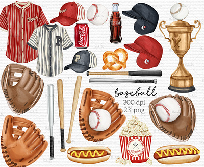Collection of Baseball Gear baseball baseball bat baseball equipment baseball gloves baseball party invites clipart digital clipart digital illustration digital watercolor illustration graphics hotdog clipart illustration png pretzel clipart wall art watercolor watercolor baseball clipart watercolor baseball gear watercolor graphics watercolor softball