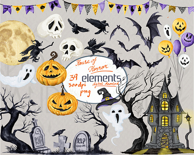 Collection of Digitally Illustrated Halloween Elements bat clipart digital clipart digital illustration digital watercolor illustration ghost clipart graphics halloween party invitations halloween trees halloween wall art illustration png spooky balloons clipart spooky haunted trees spooky house watercolor clipart watercolor graphics watercolor halloween clipart watercolor haunted house clipart watercolor tombstone clipart