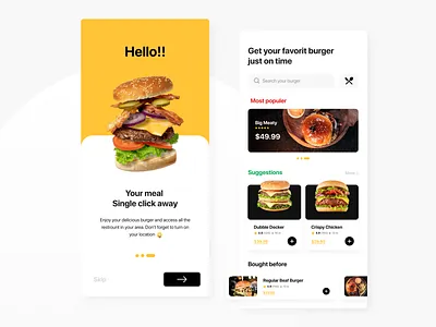 Food App Screen Design concept. android app app design app designer application application design branding burger app delivery food food app food delivery app ios landing page mobile app on boarding screen design ui ux webdesign