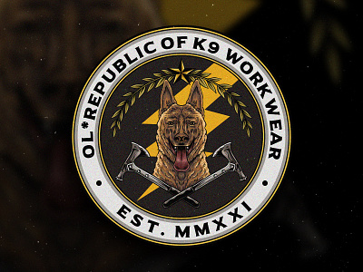 Ol Republic of K9 Work Wear apparel badge badge logo brand design branding design dog hand drawing hand drawn hand drawn logo illustration k9 k9 police logo logo design mercandise old school us army vintage vintage logo