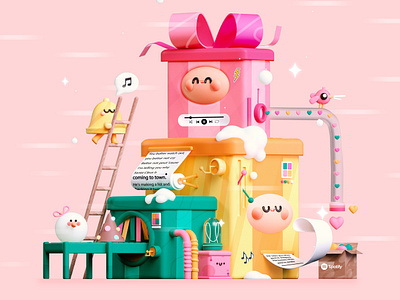 Kawaii Gift Factory 3d 3d art character christmas christmas tree colors design factory festive gift holidays illustration kawai kawaii machine present snow spotify ui xmas