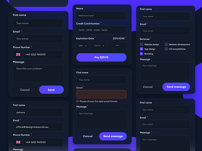 Contact Form(s) - Dark UI Components app cards clean components contact contact form credit card dark dark mode dark ui design minimal mobile modern ui ui components ui design ui kit ux website