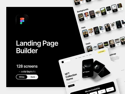 Landing Page Builder | Figma Source | NFT, Social Media, Product autolayout blocks blur branding builder cards components contructor dark figma guide hero kit landing mockup mode nft sections symbols white