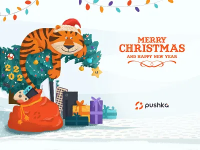 Merry Christmas and Happy New Year 2022 annamukhina christmas christmas tree congrats design gamers greeting card illustration merry christmas new year pushkastudios tiger