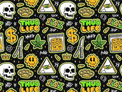 Thug life pattern bandit cannabis crazy criminal doodle drug fashion gangster gangta ghetto graphiti hooligan illustration life pattern seamless street thug trippy weed