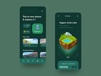 Trekking App 3d adventure app card color concept dark design gps green holiday ios minimalist mobile nature track trip ui ux vacation