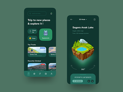 Trekking App 3d adventure app card color concept dark design gps green holiday ios minimalist mobile nature track trip ui ux vacation