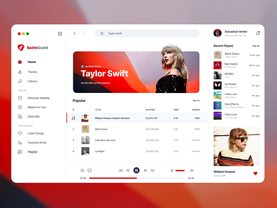 SazheSound - Music Player Interaction admin album animation clean dashboard idol interaction management media motion graphics music player playlist podcast prototype song streaming taylor swift ui design ux design