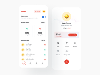 Quari Call Recorder 2022 trend app design app ui call recording call screen clean design inspiration interface ios minimal mobile app mobile app design mobile design mobile ui modern design popular shot recorder ui design ux design