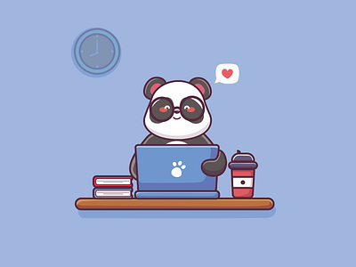 cute panda working on laptop animal laptop cute animal cute design design graphic design illustration laptop learn logo panda panda and laptop panda character panda vector study technologi work working animal