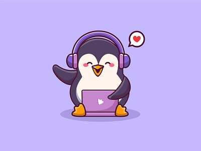 cute penguin with headphone working on a laptop icon cartoon laptop penguin penguin cartoon penguin vector working