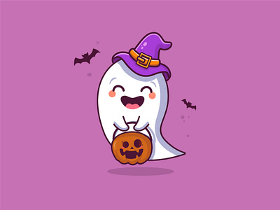 Cute halloween ghost holding pumpkin cartoon illustration trick