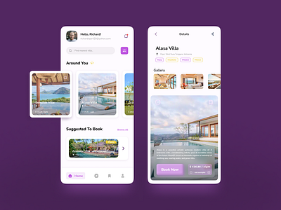 Villa Booking App 3d app booking concept dark design glassmorphism hotel illustration minimalist mobile overnight price purple staycation ui ux vacation villa white