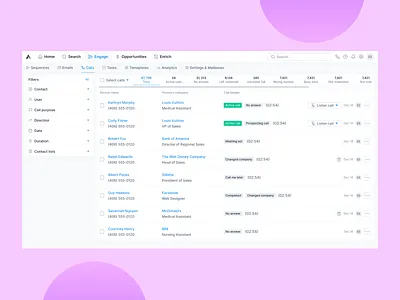 Calls table view / Exploration 2 apollo call management call table view call widget calls crm dashboard dialer filters hubspot outreach prospecting saas sales call sales table salesforce table view team management user management zoom
