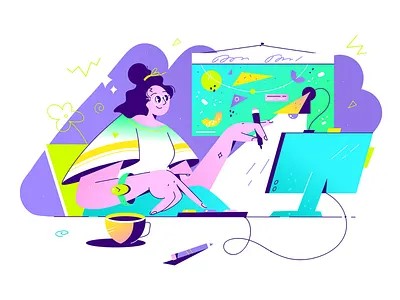 Designer woman create unique work on computer character coffee concept creative design designer device digital employee flat gadget girl graphic design illustration kit8 laptop project technology vector workplace