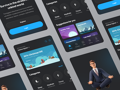 Meditation App - Dark Version app app design dark dark mode echo echo design echodesign meditation minimal nap night night mode relax sleep ui uidesign