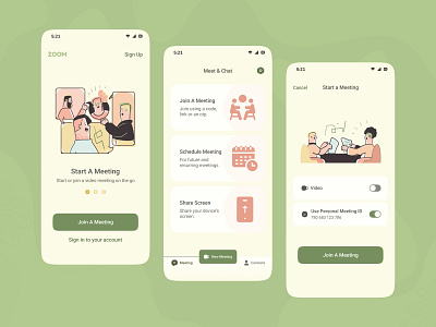 Zoom App Redesign cute get started home screen kawaii meeting meetings minimal onboarding preferences salmanwap schedule switch ui design video call welcome zoom app