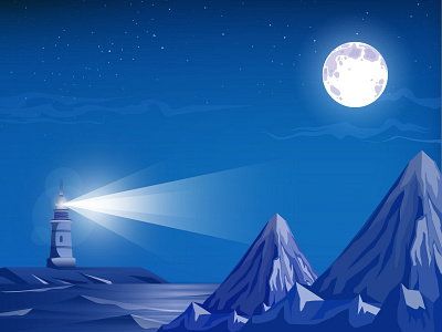 Lighthouse 2d art 2d digital art design digitalart graphic design illustration illustrator design lighthouse lighthouse vector moon mountain mountain art mountain vector natural art natural mountain night sky night view of sea vector art