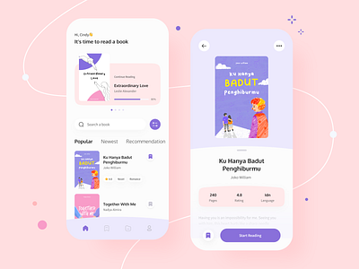 Book Reader App app book branding design ebook figma illustration minimalist pastel purple ui ux vector