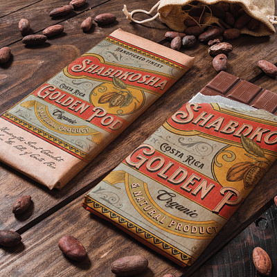 Shabadkosha Golden Pod chocolate branding chocolate hand drawn illustration packagingdesign rustic sophisticated vintage