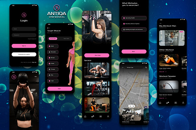 Antiqa Gym Service (Green/Blue) branding figma graphic design gym gymapp mobileapp photoshop ui uidesign uiux workout