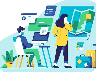 Bizaway - Company Header animation branding character character animation company devices header illustration json loop map motion design motion graphics people studio svg travel working