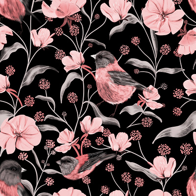 Pink Birds & Flowers birds botanical floral flowers illustration pattern pink procreate vector