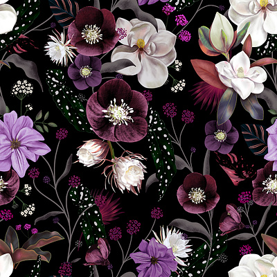 Botanical Dream black dark floral flowers garden illustration night pattern