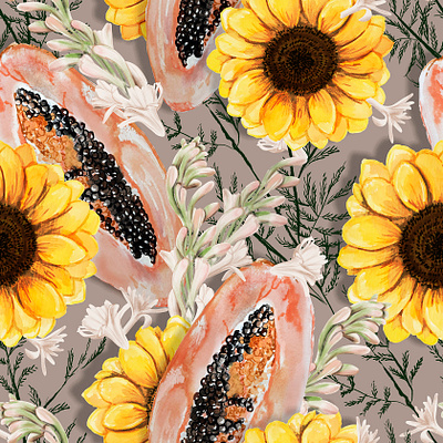 Papaya & Sunflowers floral flowers illustration pattern summer sunflower watercolor yellow