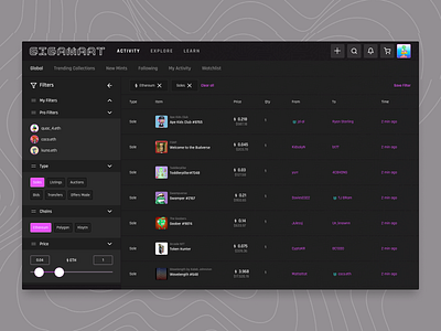 NFT Marketplace: Discover blockchain branding dark theme design nft product design typography