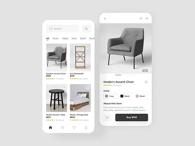 Furniture app account android app application bed black buy cart chair dark furniture ios likes minimalism shop shopping table ui white
