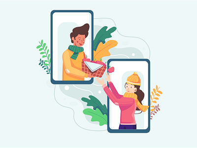 Man Give Woman a Bunch of Apple Flat Illustration anniversary beautiful branding design flat gift girl give happy header illustration illustration love present romantic surprise ui ui design vector web young