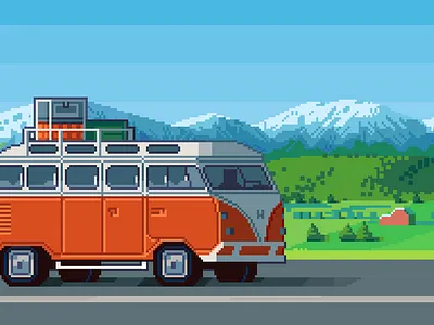 Roadtrip 8bit adventure aesthetic contrast ghibli illustration minivan pixelart retro