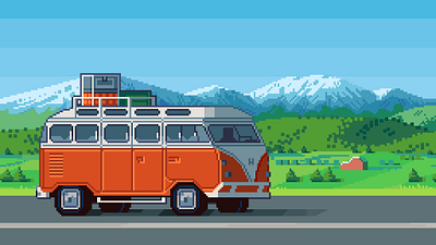 Roadtrip 8bit adventure aesthetic contrast ghibli illustration minivan pixelart retro