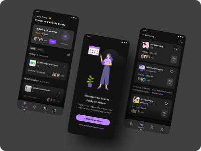 Event Management Application app design app ui application application design dark mode dark mode app dark theme dark theme app event event management event manager flat design modern schedule time management ui ui design uidesign ux uxdesign