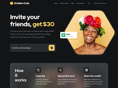 Referral landing page clean design coin how it works landing landing page minimal design product design referral ui web design website