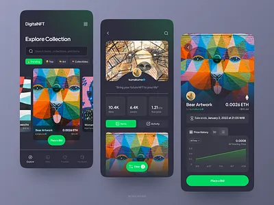 DigitalNFT - NFT App app blockchain clean collectibles crypto cryptocurrency design figma mobile nft nfts rarible stats store token ui ux