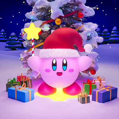 Christmas with Kirby 3d 3d art blender design gift hat holiday illustration low poly nintendo santa snow tree winter