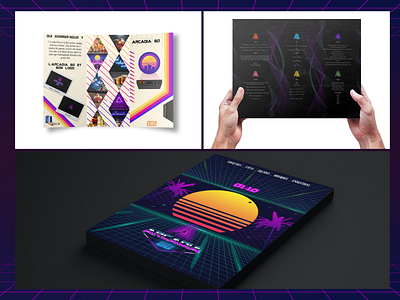 Leaflet/Menu/Flyer of the Arcadia 80 80s arcade arcadia arcadia 80 bar brochure concept design eighties first flyer galaxy leaflet menu mockups néon print restaurant retrowave synthwave