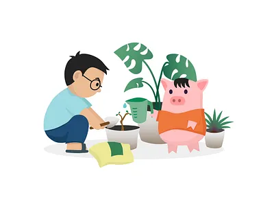 Weekend afternoon couple daily life illustration piggy planting
