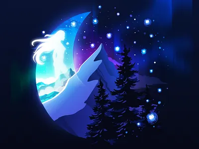 Moon & Mountain art blue circleart girj illustration landscape moon mountain nature negative niceart proart prok art prokopenko spirit stars trend woman