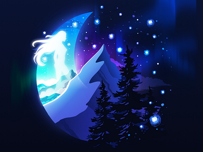 Moon & Mountain art blue circleart girj illustration landscape moon mountain nature negative niceart proart prok art prokopenko spirit stars trend woman